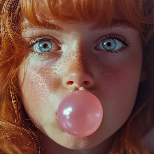 woman blowing a bubble 